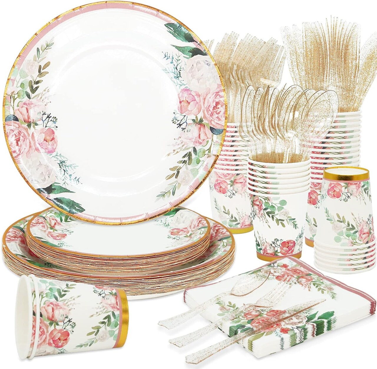 Floral Party Supplies – Bridal Shower Paper Plates & Napkins Set for 24 Guests, Disposable Dinnerware Kit with Plates, Cups & Cutlery for Baby Shower or Tea Party